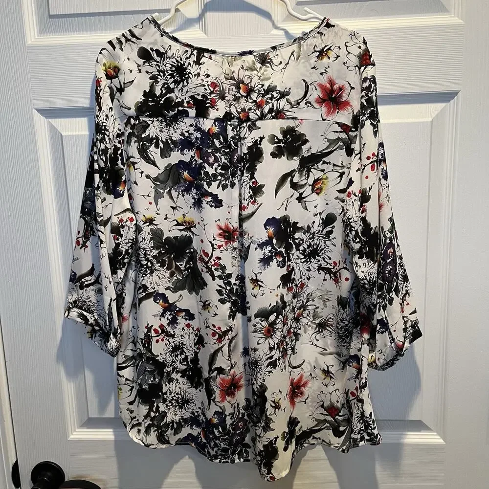 Dalia Blouse Womens 1X Floral Multicolored 3/4 Sleeve Boho Artsy Abstract - Picture 2 of 13
